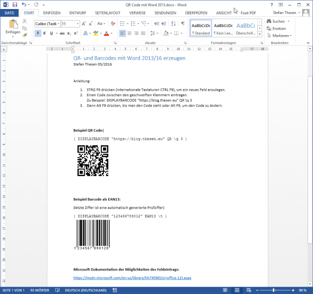 QR und Barcodes in Word 2013/16 mit Bordmitteln erzeugen ohne (teure